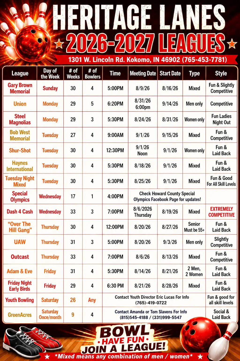 Heritage Lanes 2026-2027 Leagues Schedule