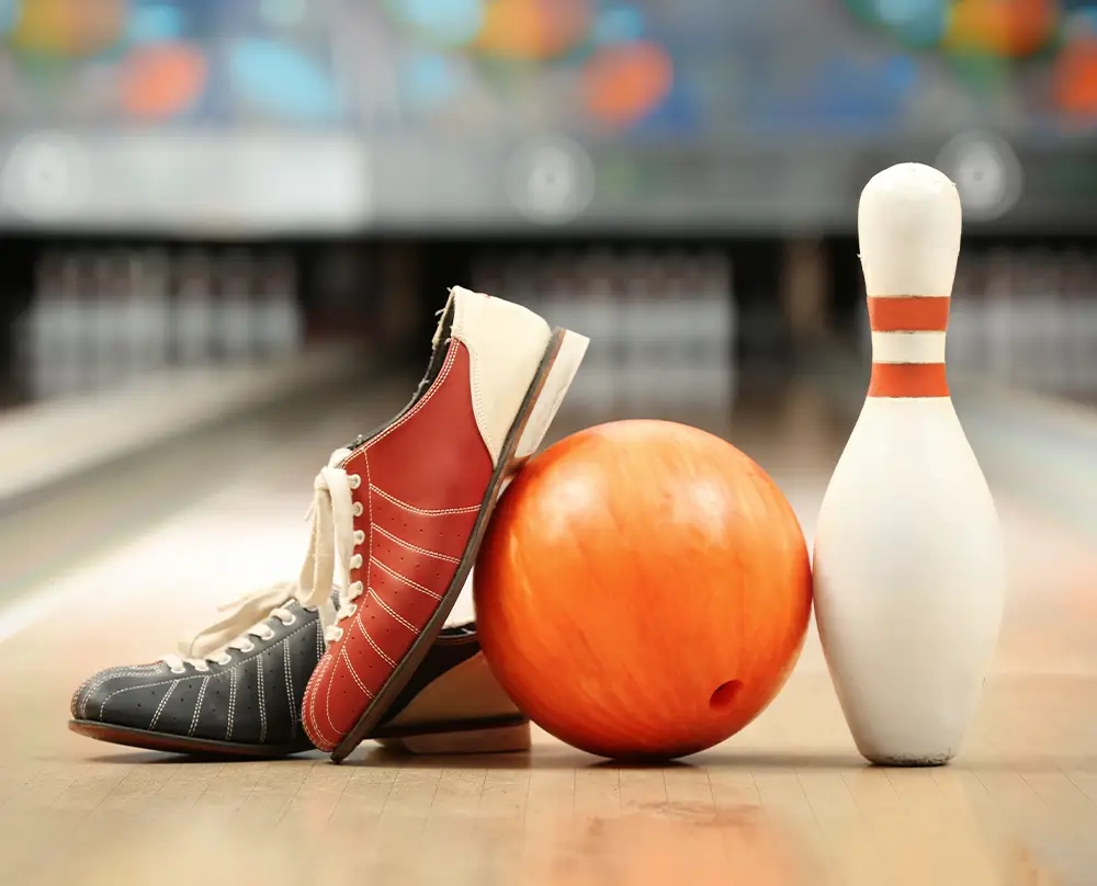 bowling shoes, ball, and pin